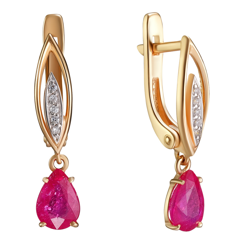 Серебряные серьги 925 пробы; вставки 2 Рубин F/2 1,858; 10 Фианит бесцв.;