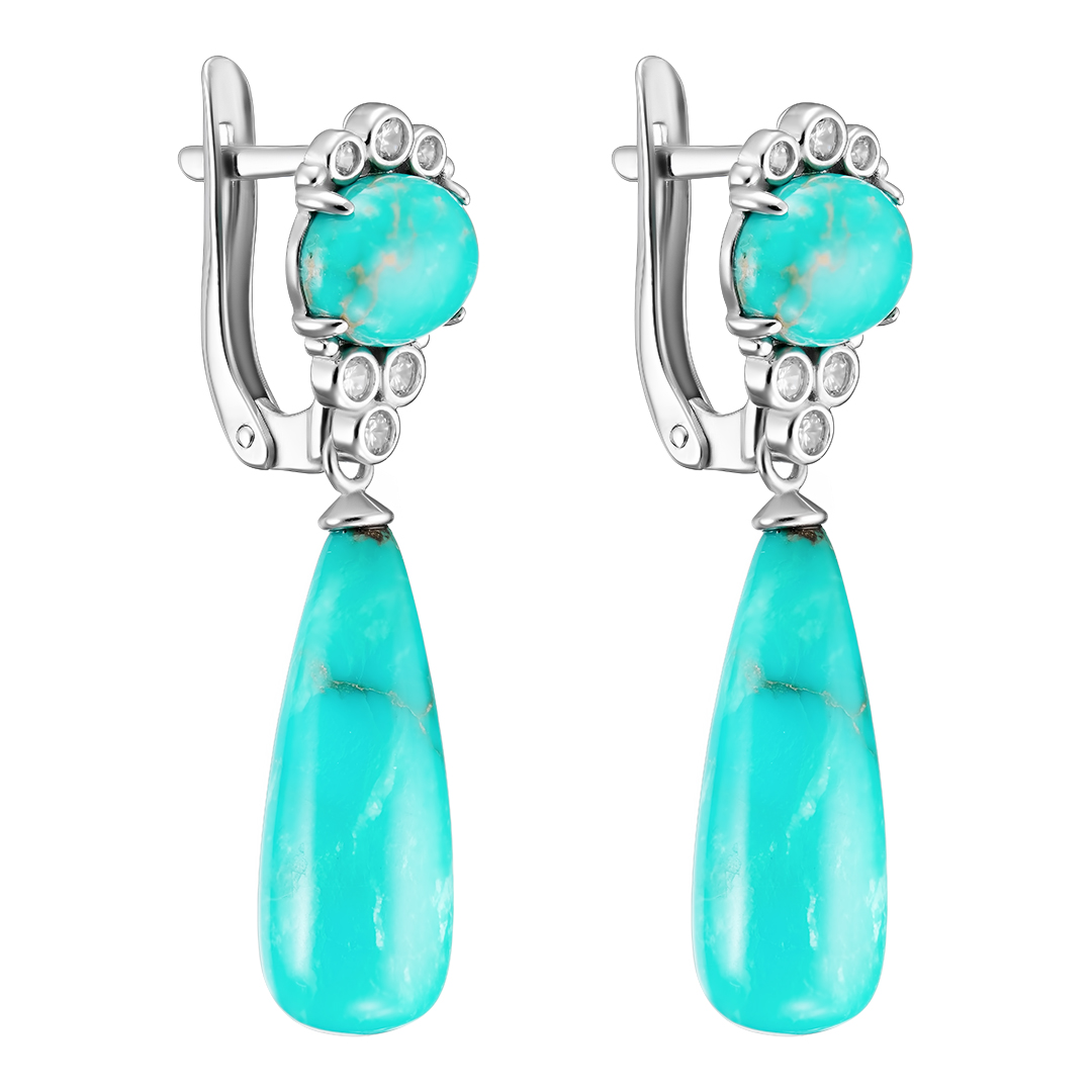Серебряные серьги 925 пробы; вставки 4 Бирюза нат.; 12 Фианит бесцв.;