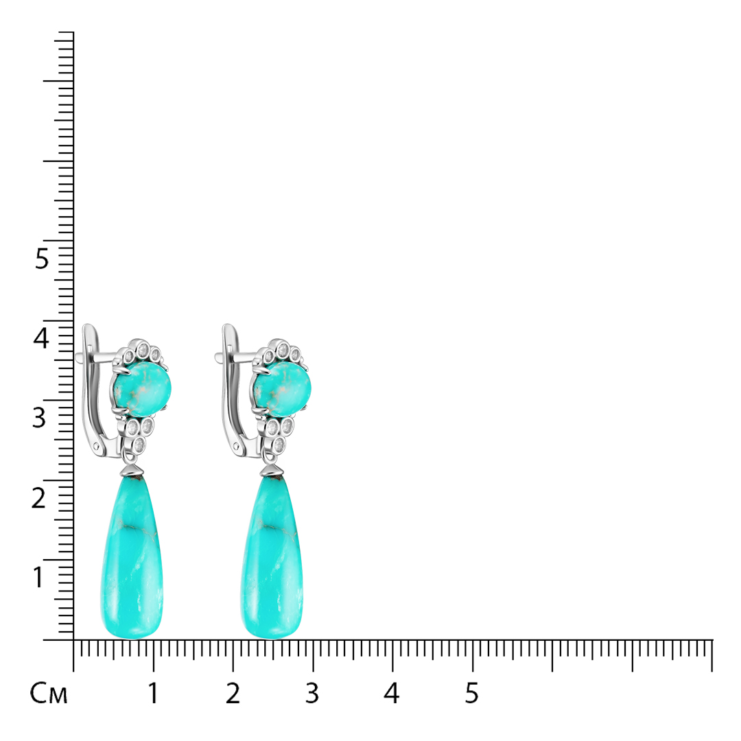Серебряные серьги 925 пробы; вставки 4 Бирюза нат.; 12 Фианит бесцв.;