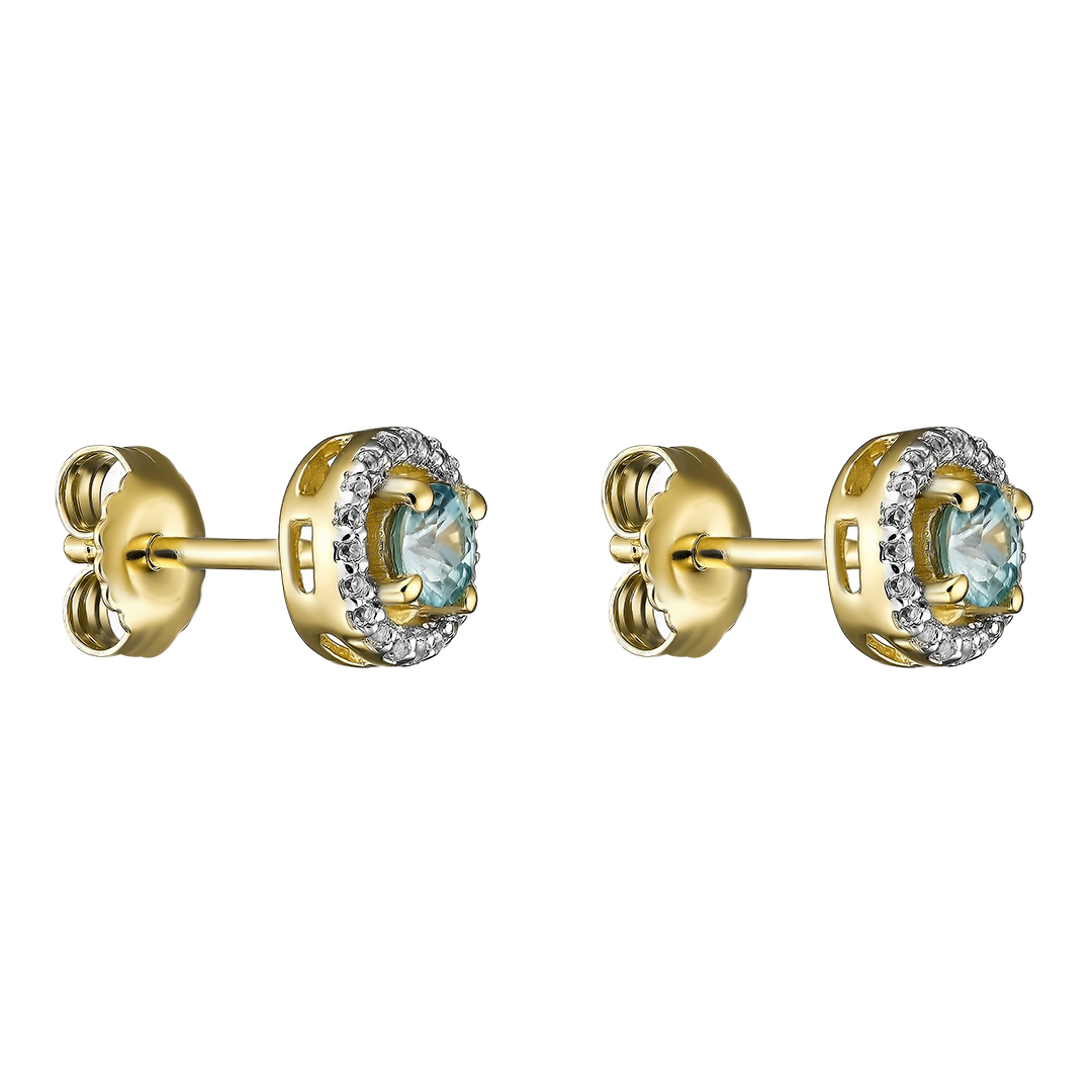 Серебряные серьги-пусеты 925 пробы; вставки 2 Циркон голубой 0,66ct, круг 4,00мм.; Россыпь Топаз бел