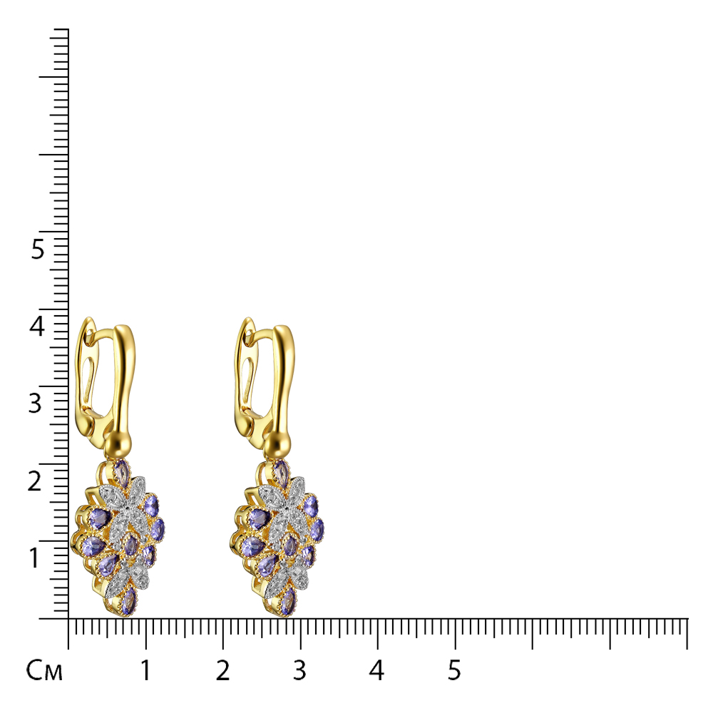 Серебряные серьги 925 пробы; вставки 18 Танзанит 2,44 ct, Россыпь Топаз белый 0,45 ct;