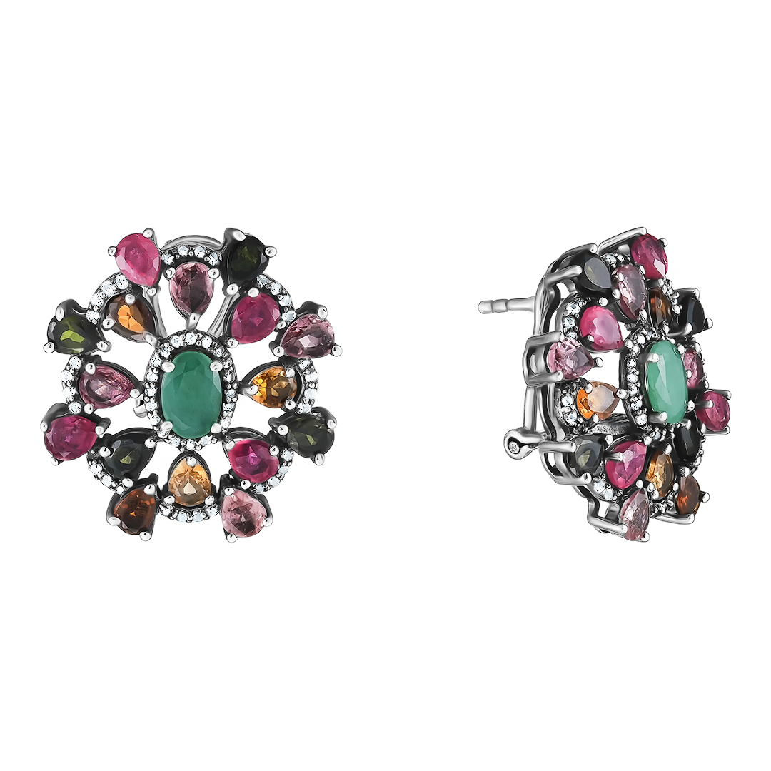 Серебряные серьги 925 пробы; оксидирование; вставки 8 Рубин F/2 1,6 ct; 2 Берилл 0,88 ct; Россыпь Т