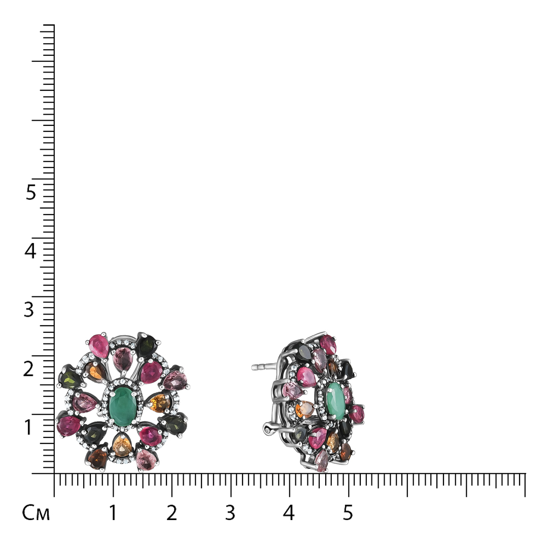 Серебряные серьги 925 пробы; оксидирование; вставки 8 Рубин F/2 1,6 ct; 2 Берилл 0,88 ct; Россыпь Т