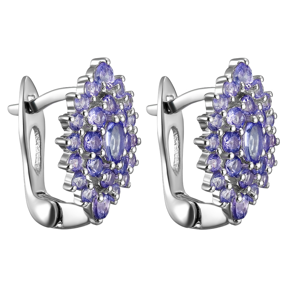 Серебряные серьги 925 пробы; вставки Россыпь Танзанит 3 ct., круг;