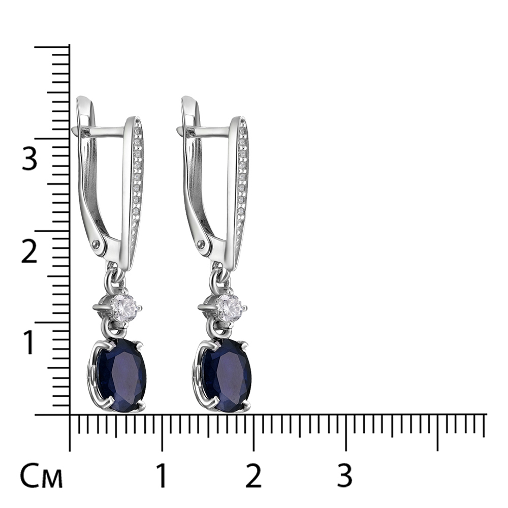 Серебряные серьги 925 пробы; вставки 2 Сапфир 3,14 U/2; 18 Фианит бесцв.;