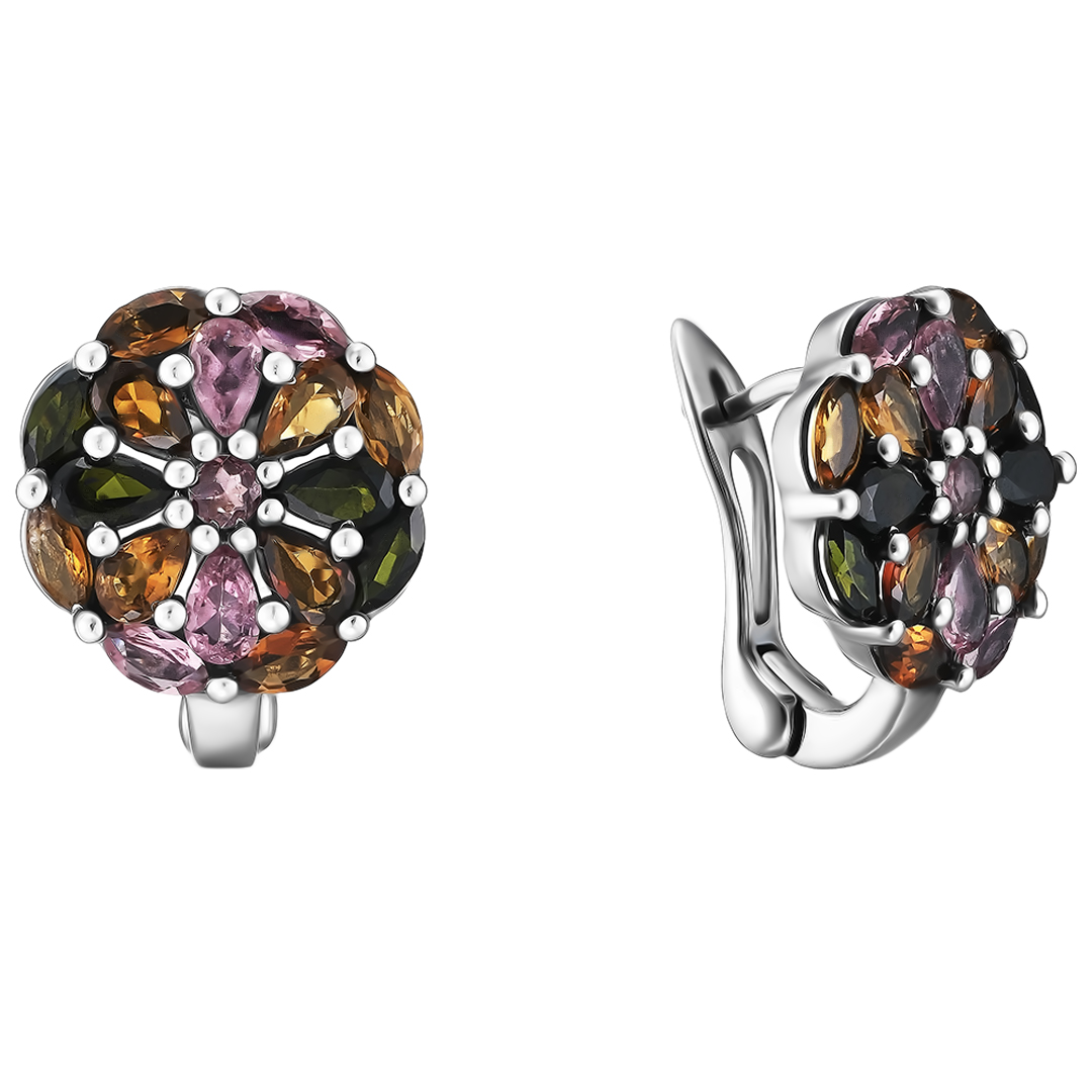 Серебряные серьги 925 пробы; вставки 34 Турмалин разноцв., 5,68 ct.;