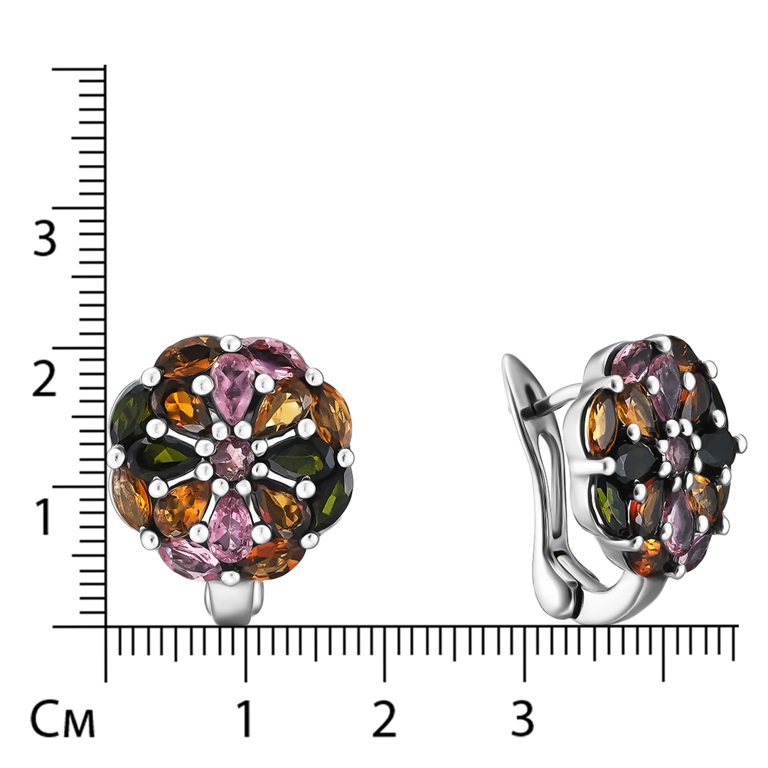 Серебряные серьги 925 пробы; вставки 34 Турмалин разноцв., 5,68 ct.;