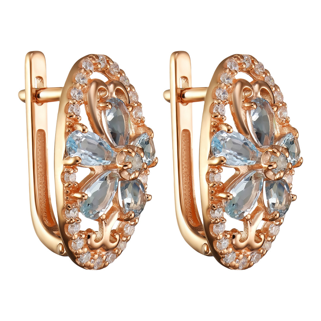 Серебряные серьги 925 пробы; вставки 12 Топаз sky; 40 Фианит бесцв.;