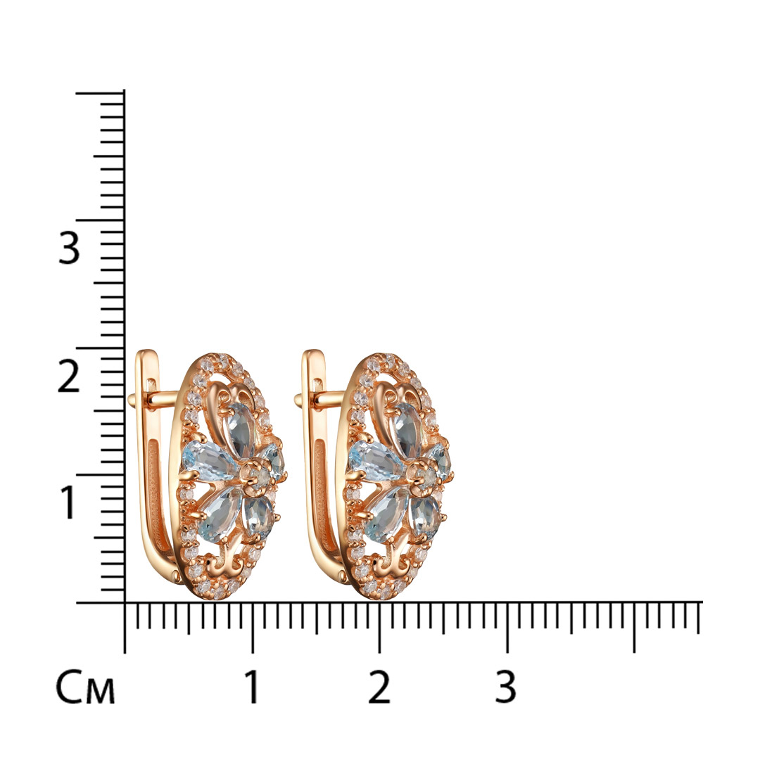 Серебряные серьги 925 пробы; вставки 12 Топаз sky; 40 Фианит бесцв.;