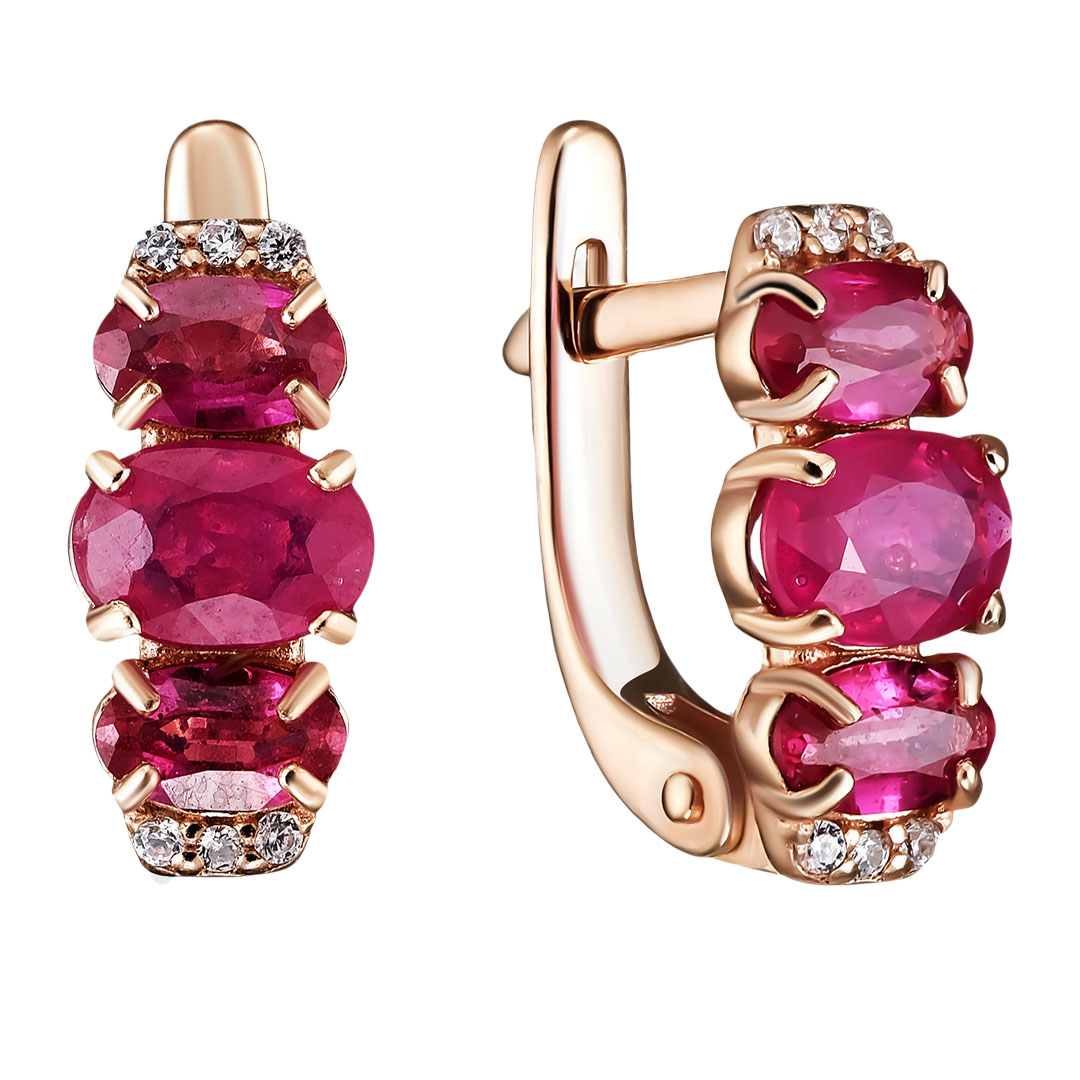 Серебряные серьги 925 пробы; вставки 2 Рубин 1,285 F/2; 4 Рубин 1,148 F/2; 12 Фианит бесцв.;