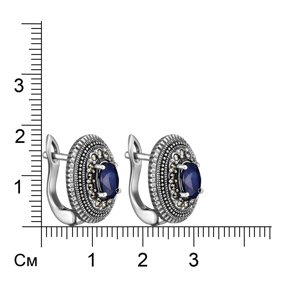 Серебряные серьги 925 пробы; оксидирование; вставки 2 Сапфир 1,45 U/2; 28 Марказит;