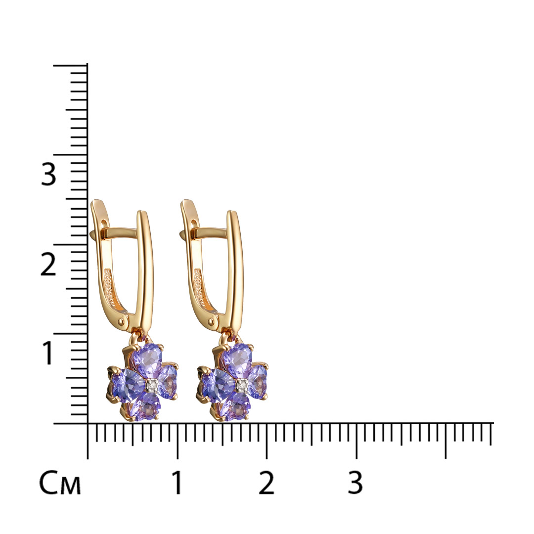 Золотые серьги 585 пробы; родий; вставки 2 Бр.Кр-57 0,013 3/6А; 8 Танзанит;