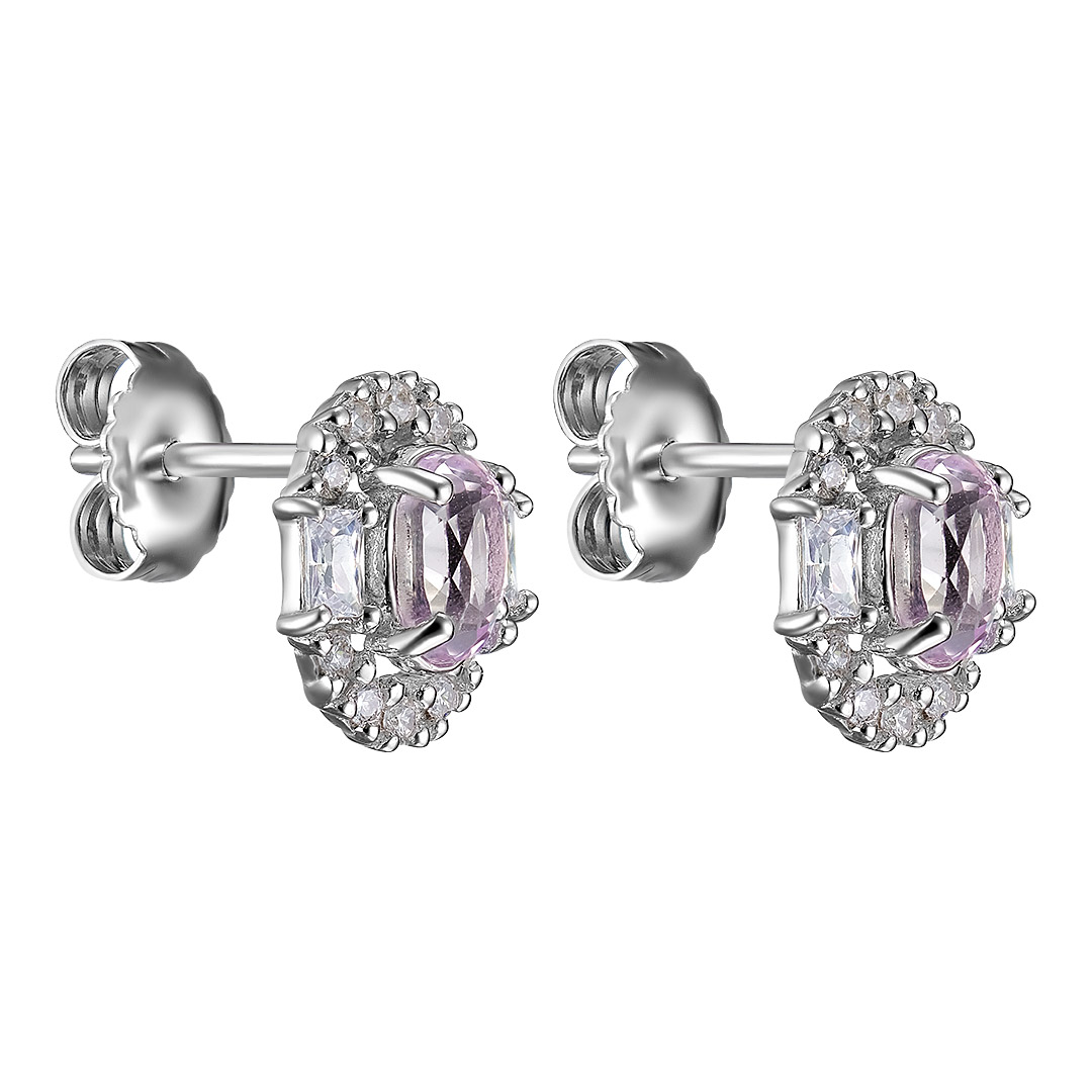 Серебряные серьги-пусеты 925 пробы; вставки 2 Кунцит 1,20 ct; 24 Куб.Цирконий бесцв.;