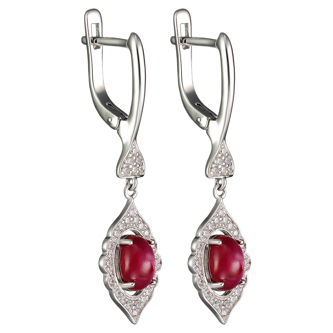 Серебряные серьги 925 пробы; вставки 2 Рубин звездчатый F/2 3,6 ct, кабошон 7,5; 52 Куб. Цирконий бе