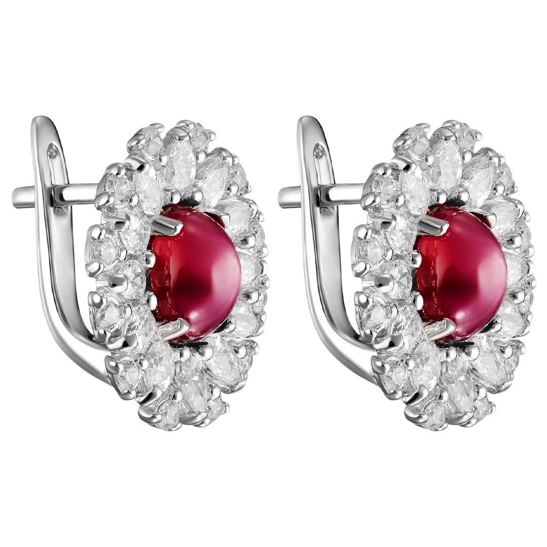 Серебряные серьги 925 пробы; вставки 2 Рубин звездчатый F/2 3,6 ct, кабошон 7,5; 48 Куб. Цирконий бе