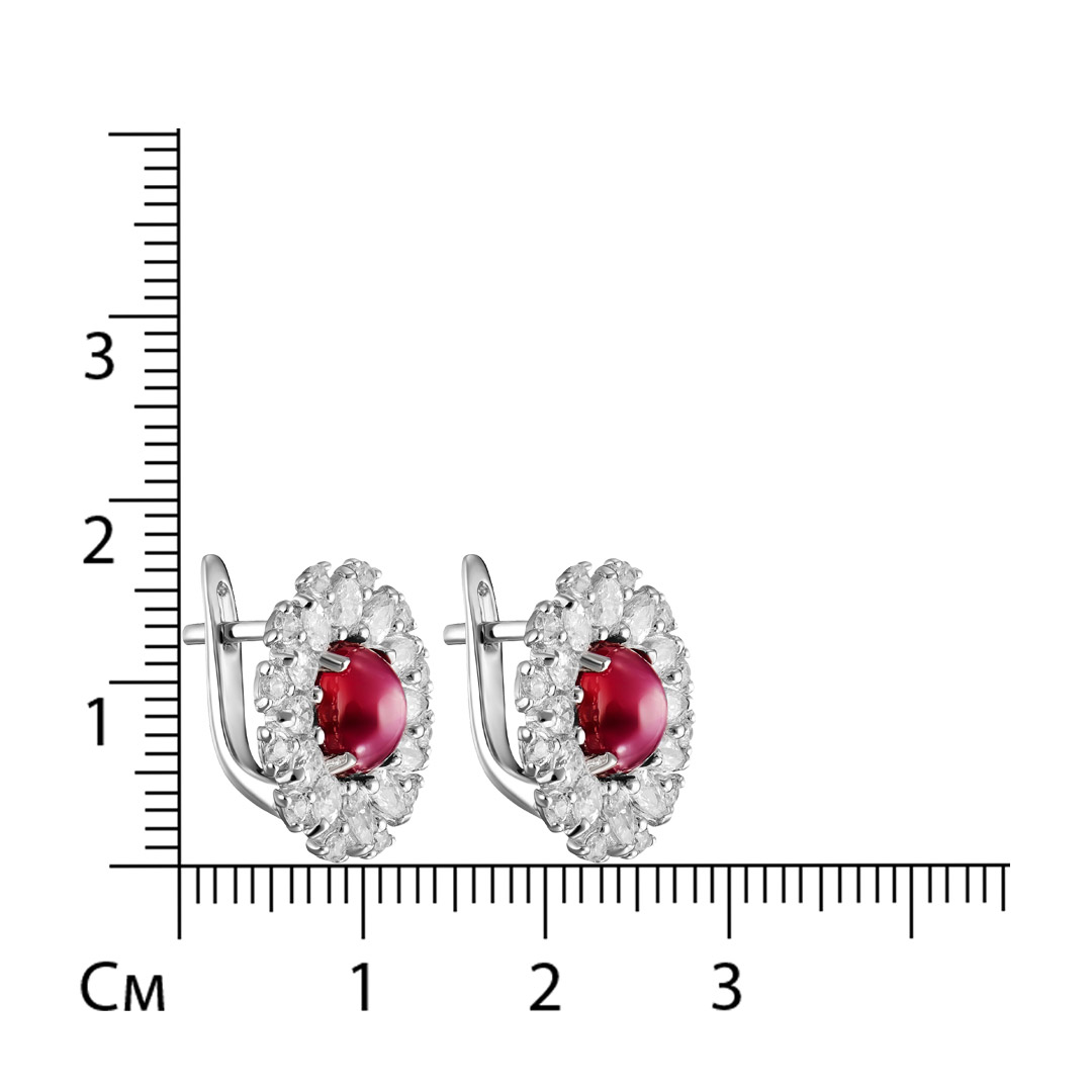 Серебряные серьги 925 пробы; вставки 2 Рубин звездчатый F/2 3,6 ct, кабошон 7,5; 48 Куб. Цирконий бе