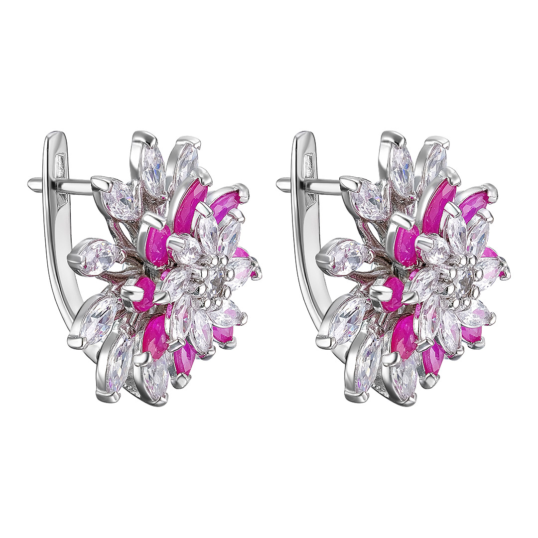 Серебряные серьги 925 пробы; с подвижн. эл.; вставки 16 Рубин 4 ct F/2, маркиз 2,5*5; 38 Куб. Циркон