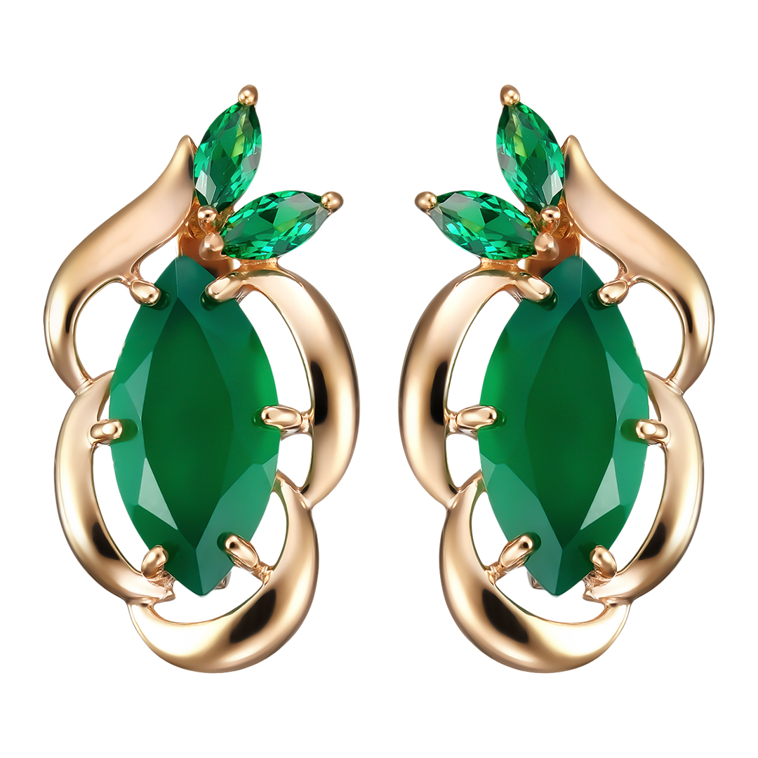 Серебряные серьги 925 пробы; вставки 2 Агат зеленый; 4 Фианит зеленый;
