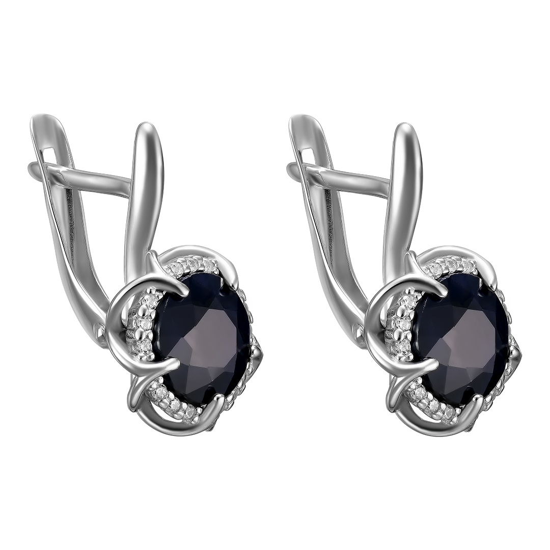 Серебряные серьги 925 пробы; вставки 2 Сапфир 4,8 U/2; 30 Фианит бесцв.;