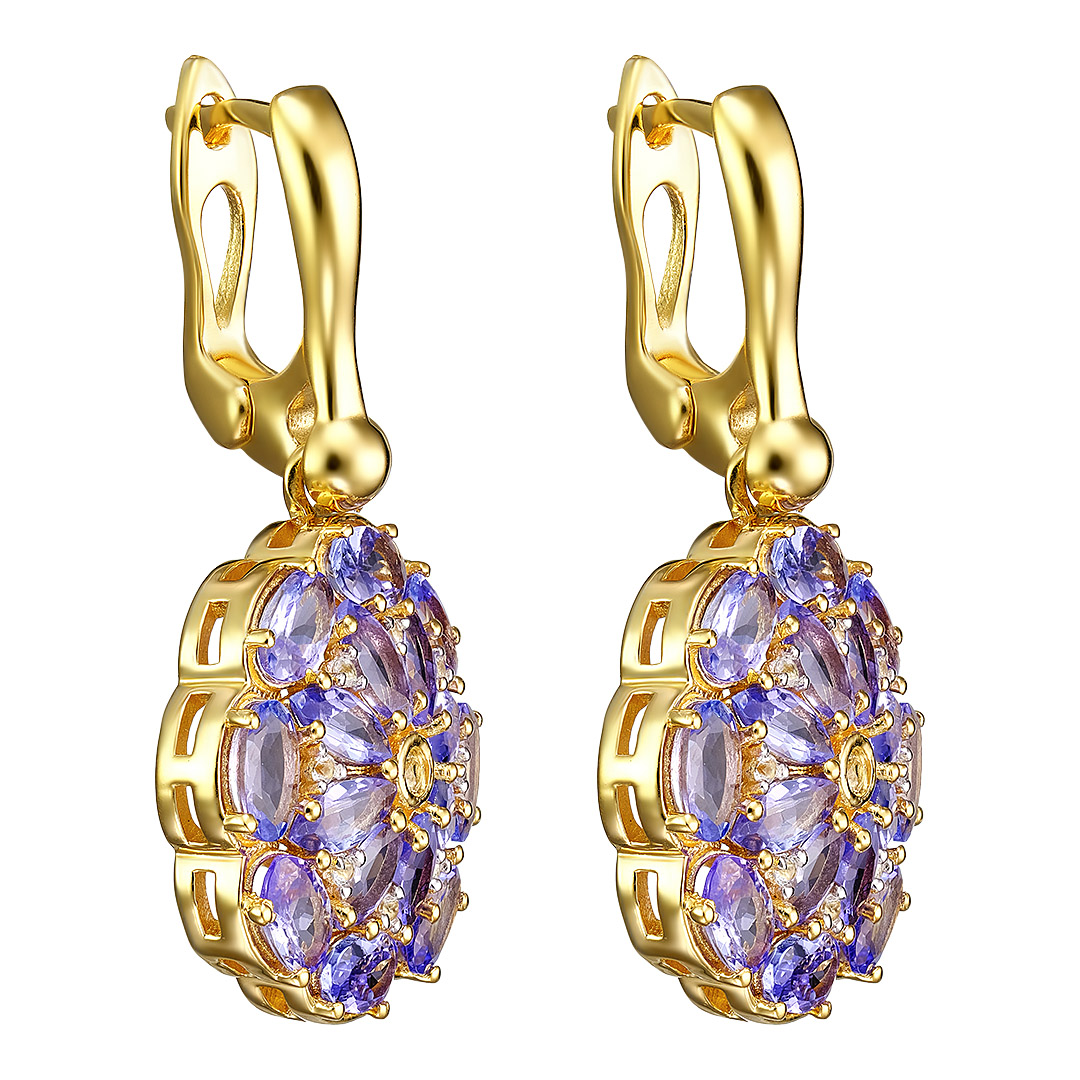 Серебряные серьги 925 пробы; вставки 32 Танзанит 6,08 ct.; 18 Топаз белый 0,17 ct.;