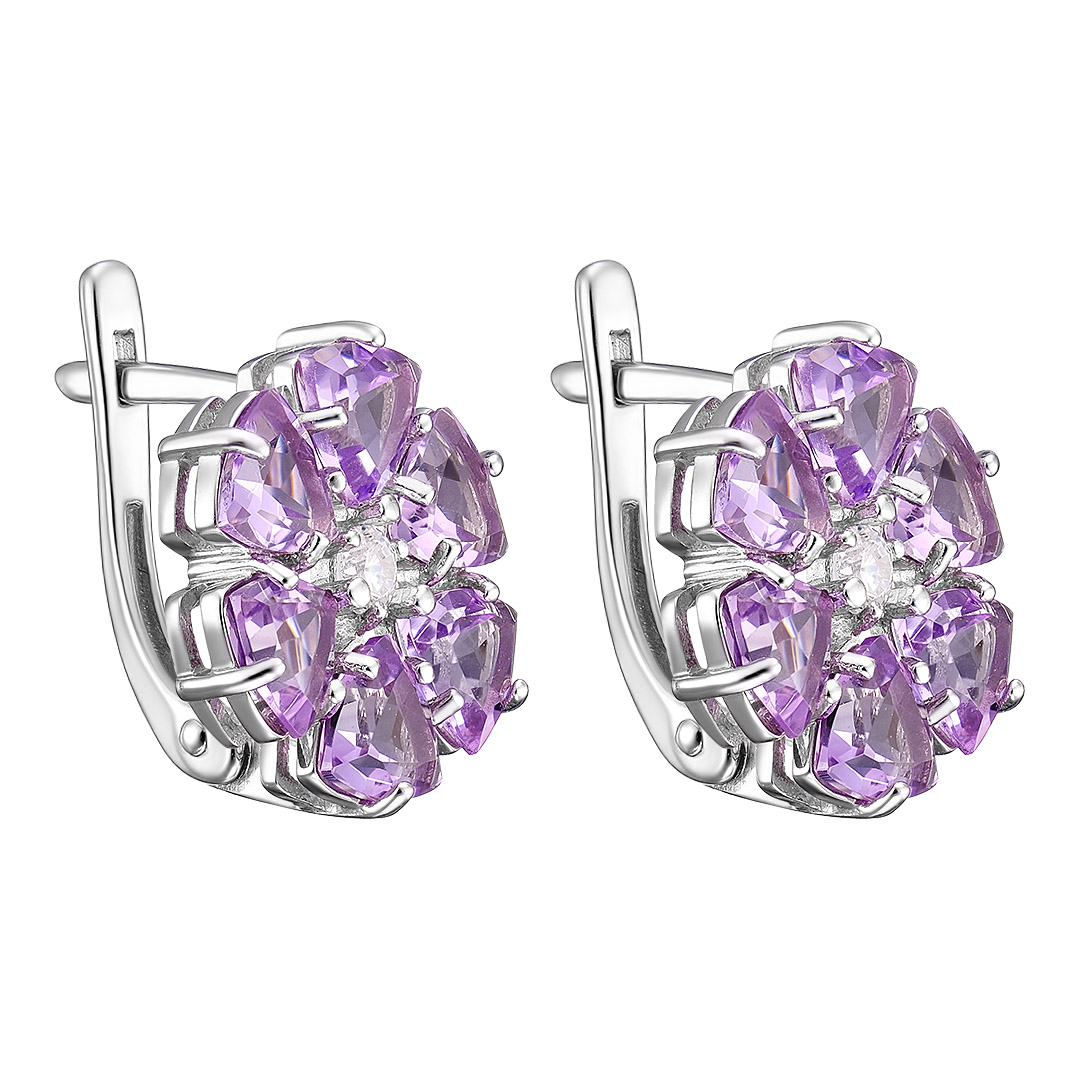 Серебряные серьги 925 пробы; вставки 12 Аметист; 2 Фианит бесцв.;