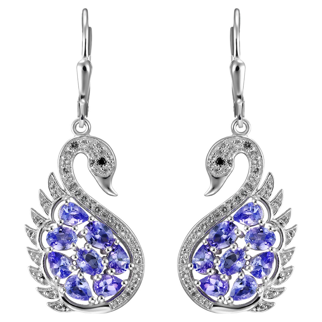 Серебряные серьги 925 пробы; вставки 16 Танзанит 1,94 ct; 86 Топаз белый 0,36 ct; 2 Шпинель черная 0