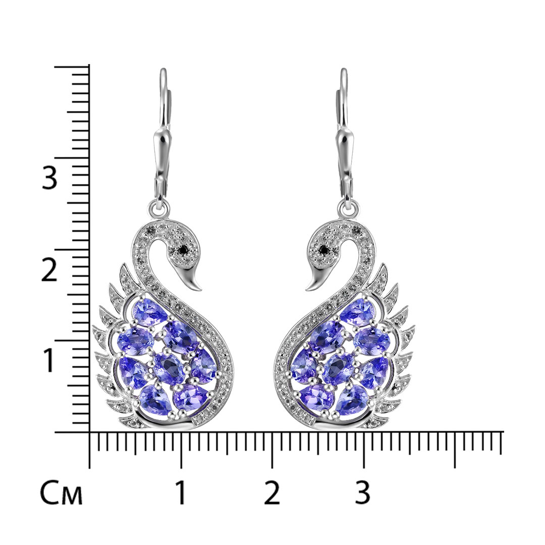 Серебряные серьги 925 пробы; вставки 16 Танзанит 1,94 ct; 86 Топаз белый 0,36 ct; 2 Шпинель черная 0