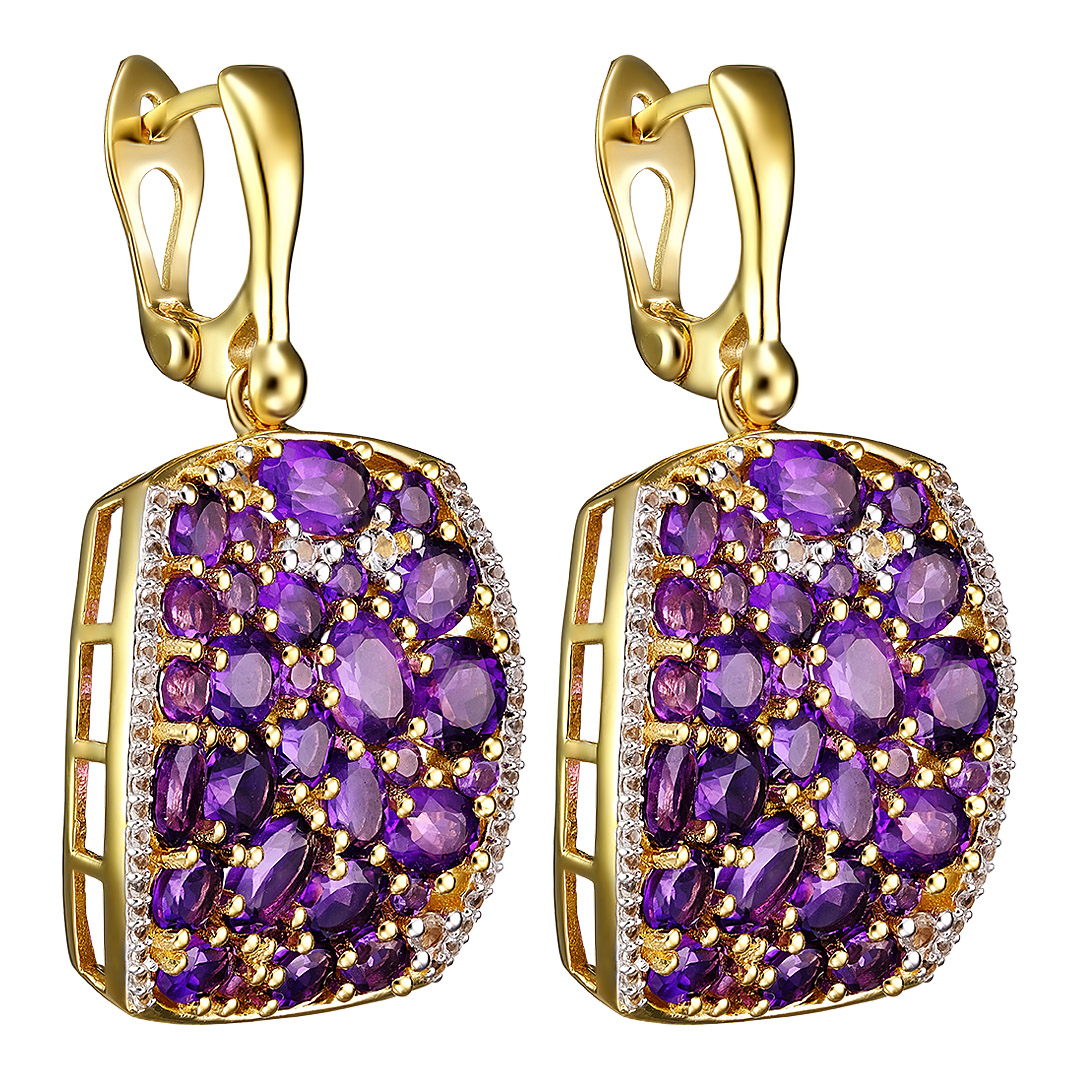 Серебряные серьги 925 пробы; вставки 60 Аметист Африканский 12,56 ct; 92 Топаз белый 0,89 ct;