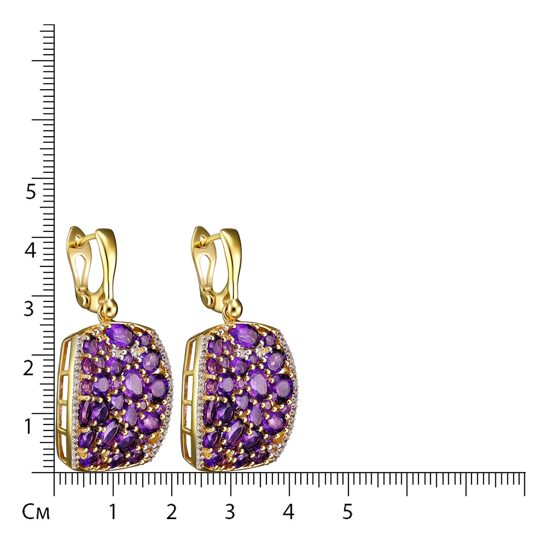 Серебряные серьги 925 пробы; вставки 60 Аметист Африканский 12,56 ct; 92 Топаз белый 0,89 ct;