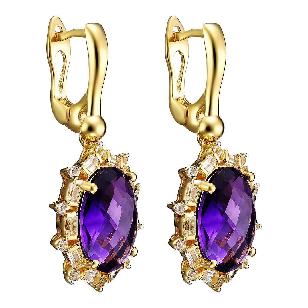 Серебряные серьги 925 пробы; вставки 2 Аметист Африканский 9,03 ct; 40 Топаз белый 1,24 ct;
