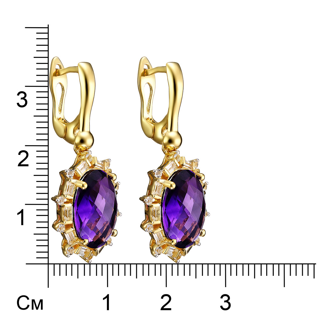 Серебряные серьги 925 пробы; вставки 2 Аметист Африканский 9,03 ct; 40 Топаз белый 1,24 ct;