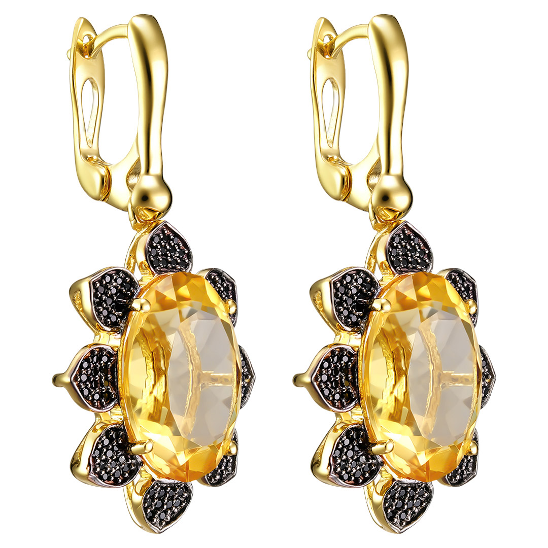 Серебряные серьги 925 пробы; родий черный; вставки 2 Цитрин 16,24 ct; 176 Шпинель черная 0,79 ct;