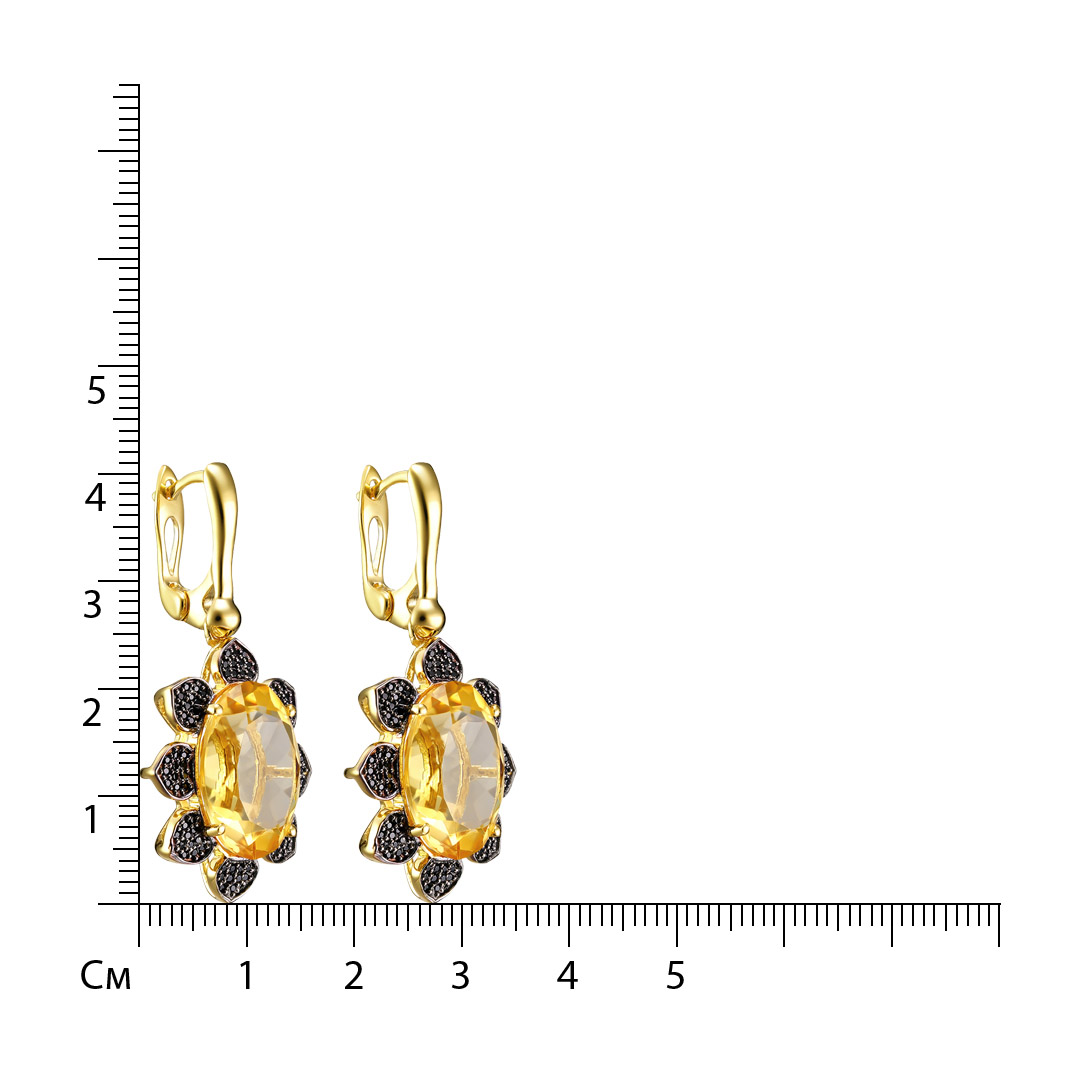 Серебряные серьги 925 пробы; родий черный; вставки 2 Цитрин 16,24 ct; 176 Шпинель черная 0,79 ct;