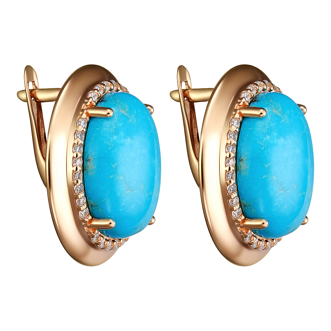 Серебряные серьги 925 пробы; вставки 2 Бирюза; 56 Фианит бесцв.;