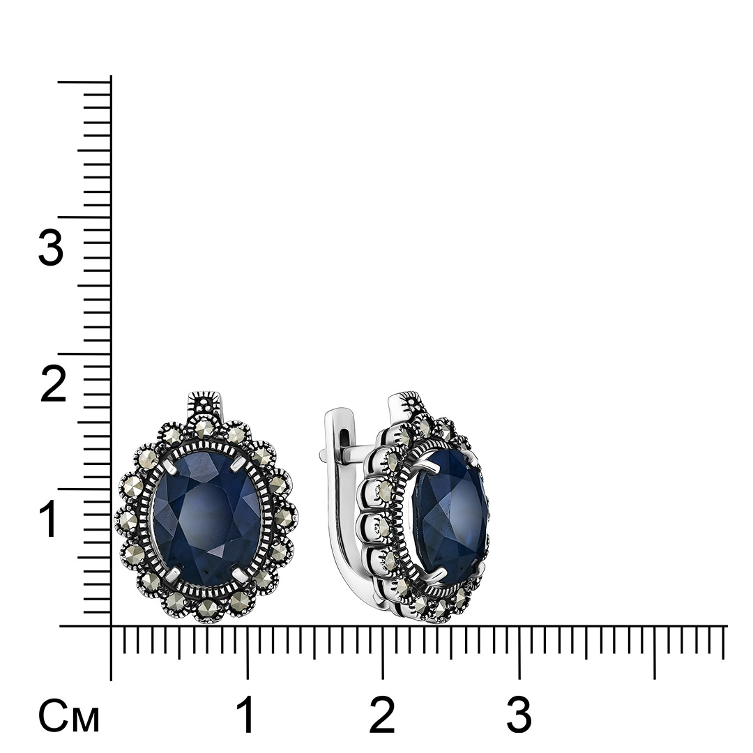 Серебряные серьги 925 пробы; оксидирование; вставки 2 Сапфир 6,265 U/2; 32 Марказит;