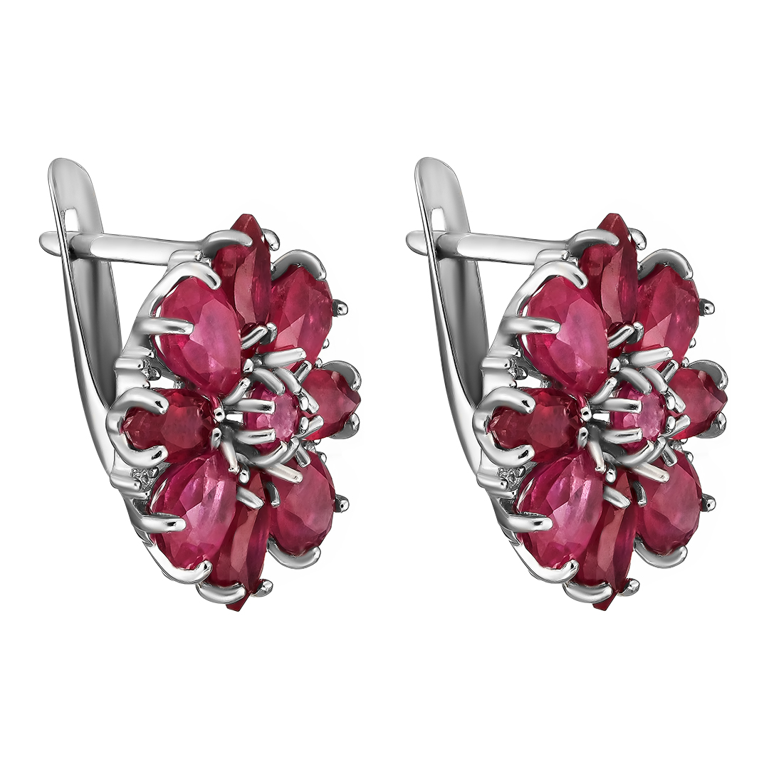 Серебряные серьги 925 пробы; вставки 16 Фианит бесцв.; 2 Рубин 0,31 F/2; 8 Рубин 3,02 F/2; 8 Рубин 5