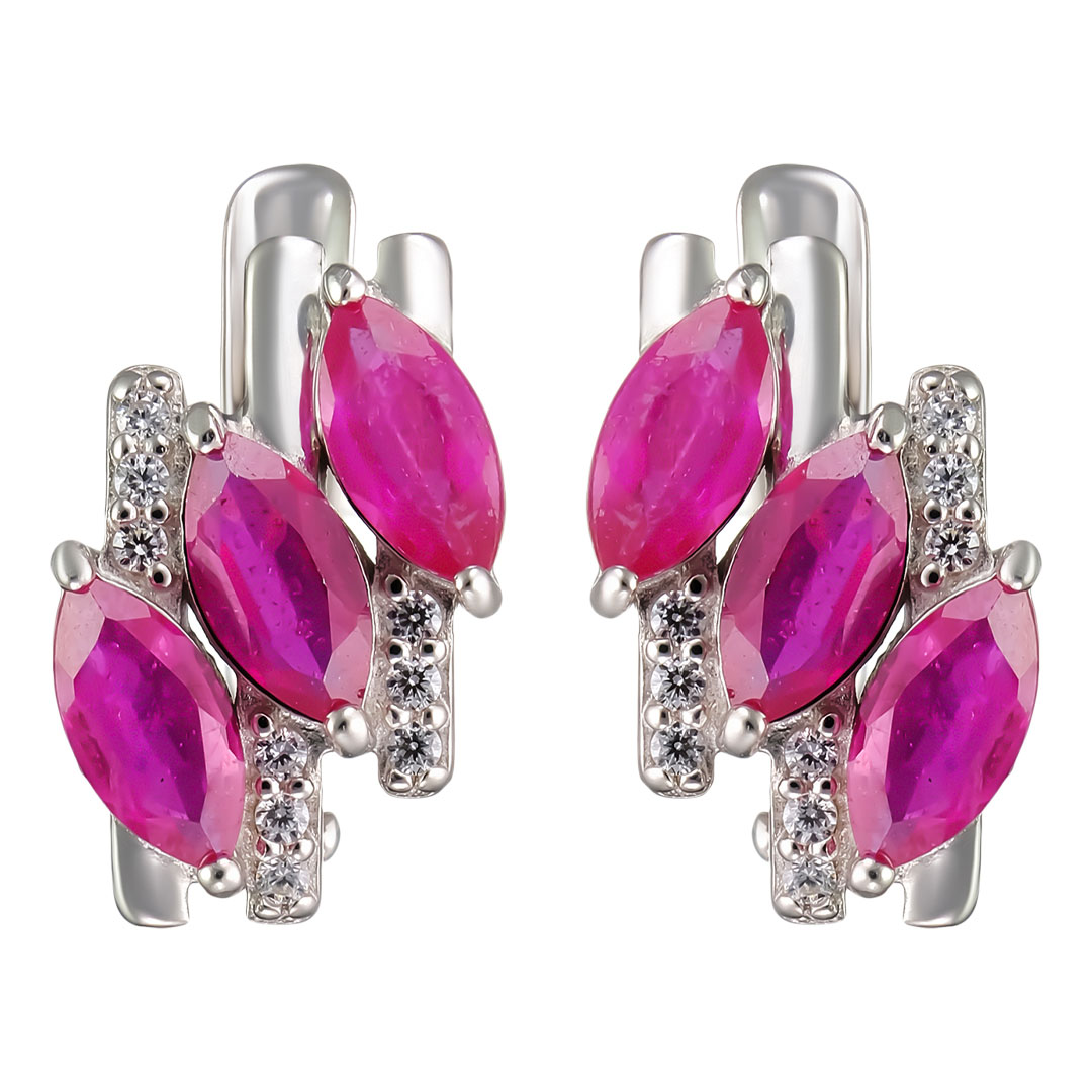 Серебряные серьги 925 пробы; вставки 6 Рубин 2,12 F/2; 18 Фианит бесцв.;