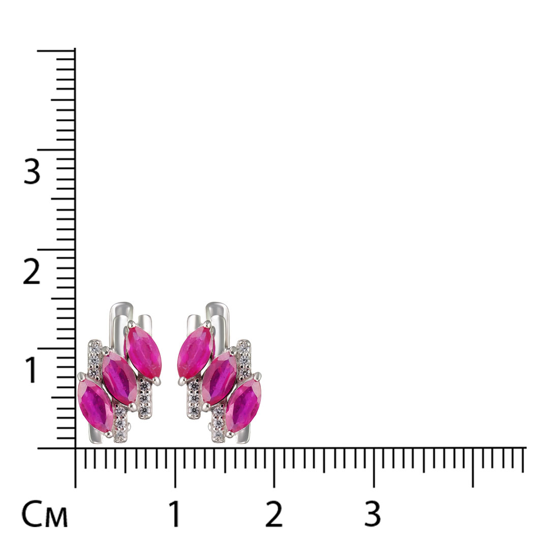 Серебряные серьги 925 пробы; вставки 6 Рубин 2,12 F/2; 18 Фианит бесцв.;