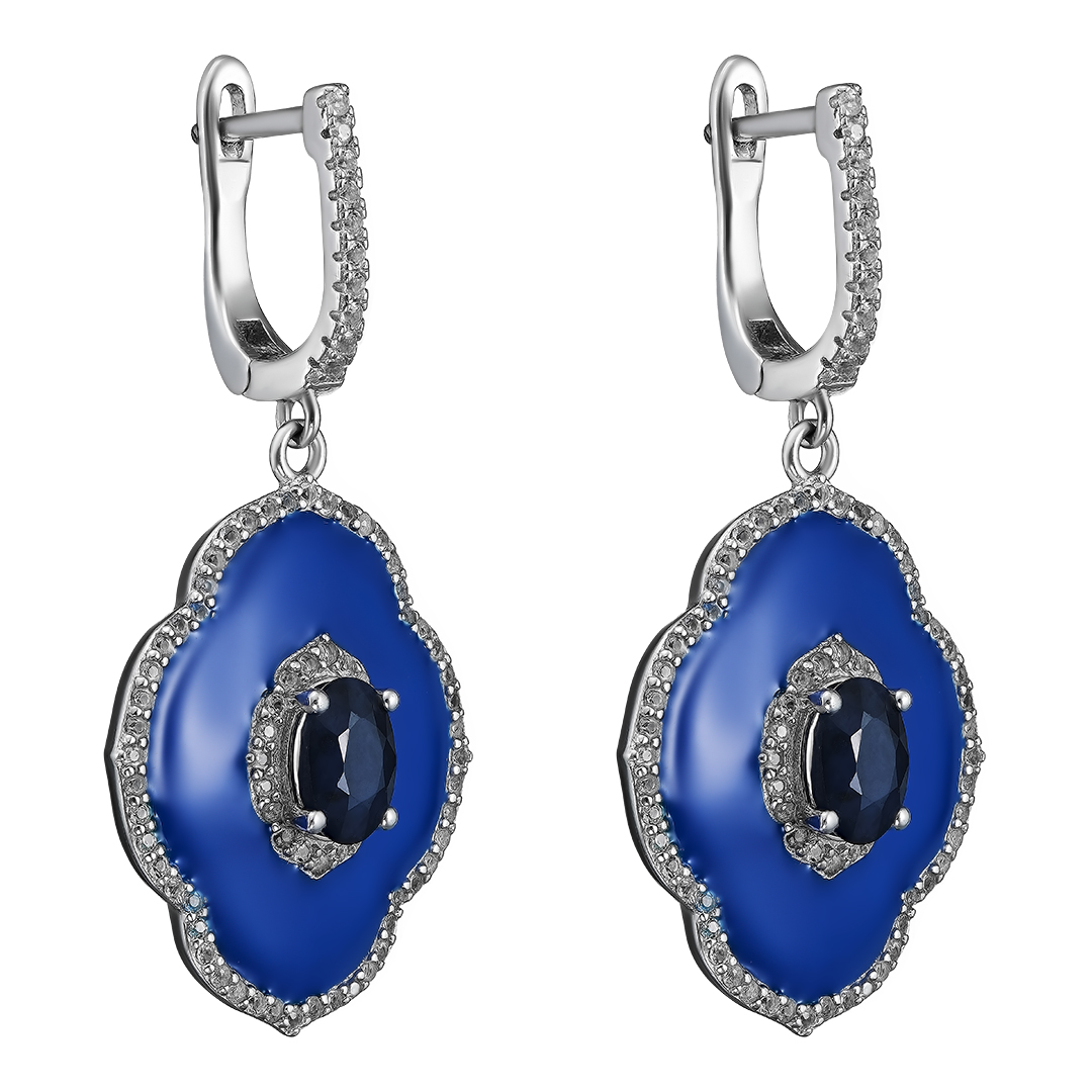 Серебряные серьги 925 пробы; вставки 2 Сапфир 2,12 ct U/2; 144 Топаз белый 1,14 ct; Эмаль синяя;