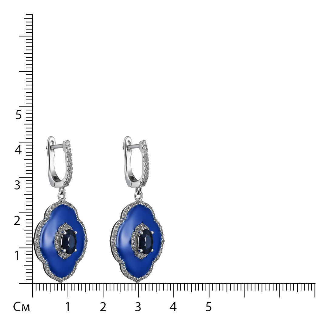 Серебряные серьги 925 пробы; вставки 2 Сапфир 2,12 ct U/2; 144 Топаз белый 1,14 ct; Эмаль синяя;
