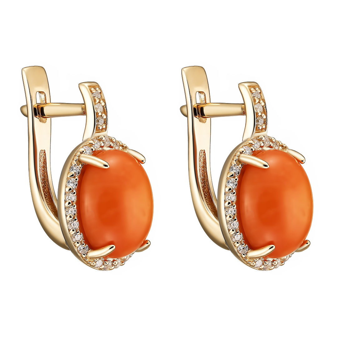 Серебряные серьги 925 пробы; вставки 2 Коралл; 50 Фианит бесцв.;