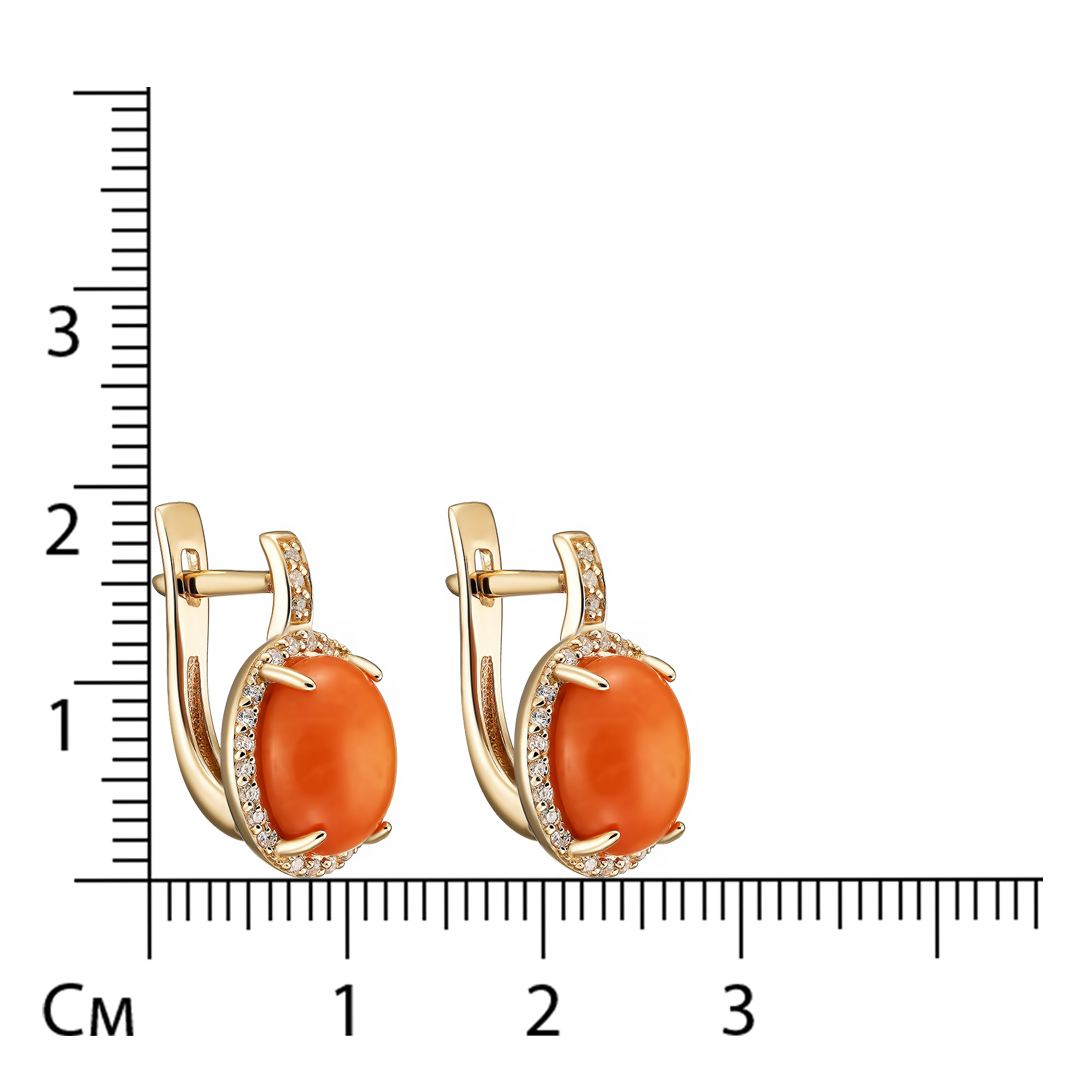 Серебряные серьги 925 пробы; вставки 2 Коралл; 50 Фианит бесцв.;