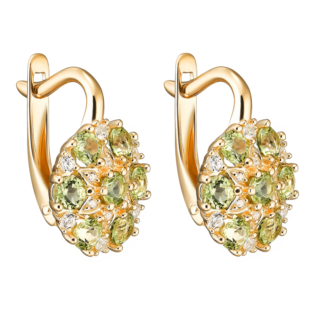 Серебряные серьги 925 пробы; вставки 24 Фианит бесцв.; 14 Хризолит;