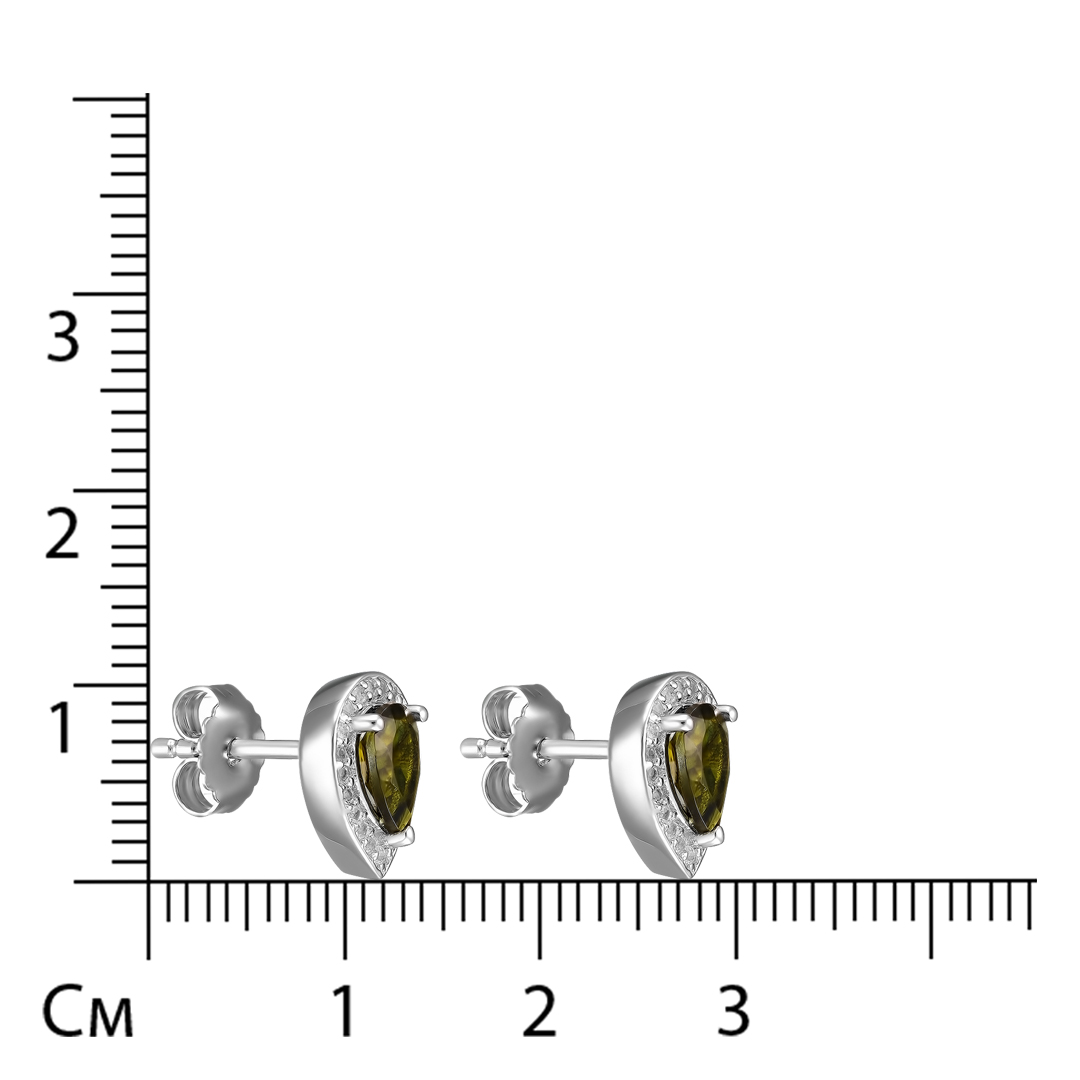 Серебряные серьги-пусеты 925 пробы; вставки 2 Турмалин зеленый 1,32 ct; 40 Топаз белый 0,20 ct;