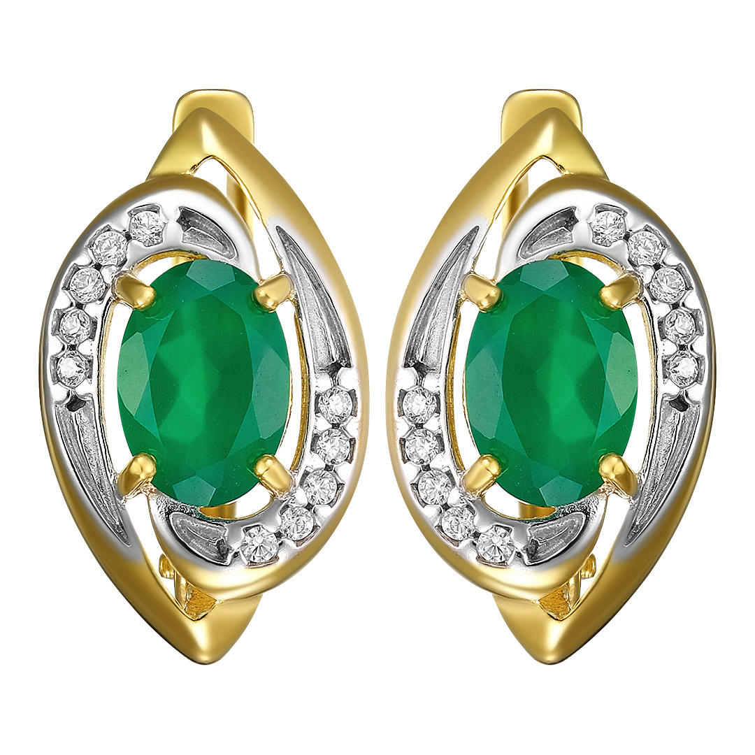 Серебряные серьги 925 пробы; вставки 2 Агат зеленый; 20 Фианит бесцв.;