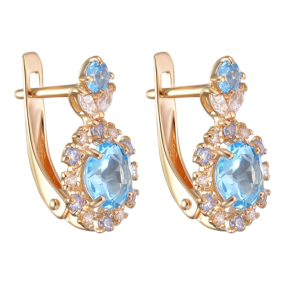 Серебряные серьги 925 пробы; вставки 4 Топаз Швейцарский; 4 Фианит SWAROVSKI бесцв.; 12 Фианит голуб