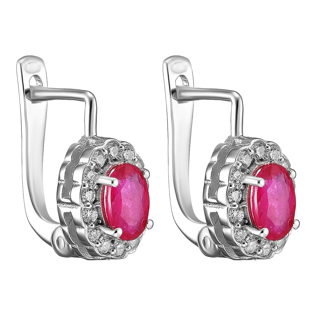 Серебряные серьги 925 пробы; вставки 2 Рубин 1,4ct F/2; 28 Куб. Цирконий бесцв.;