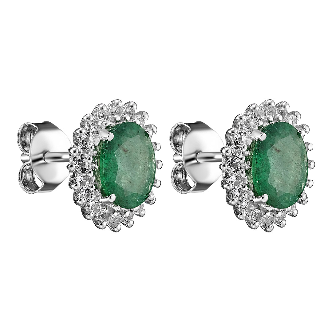 Серебряные серьги-пусеты 925 пробы; вставки 2 Изумруд 3,6ct F 4/Г3; 40 Топаз белый 0,5ct;