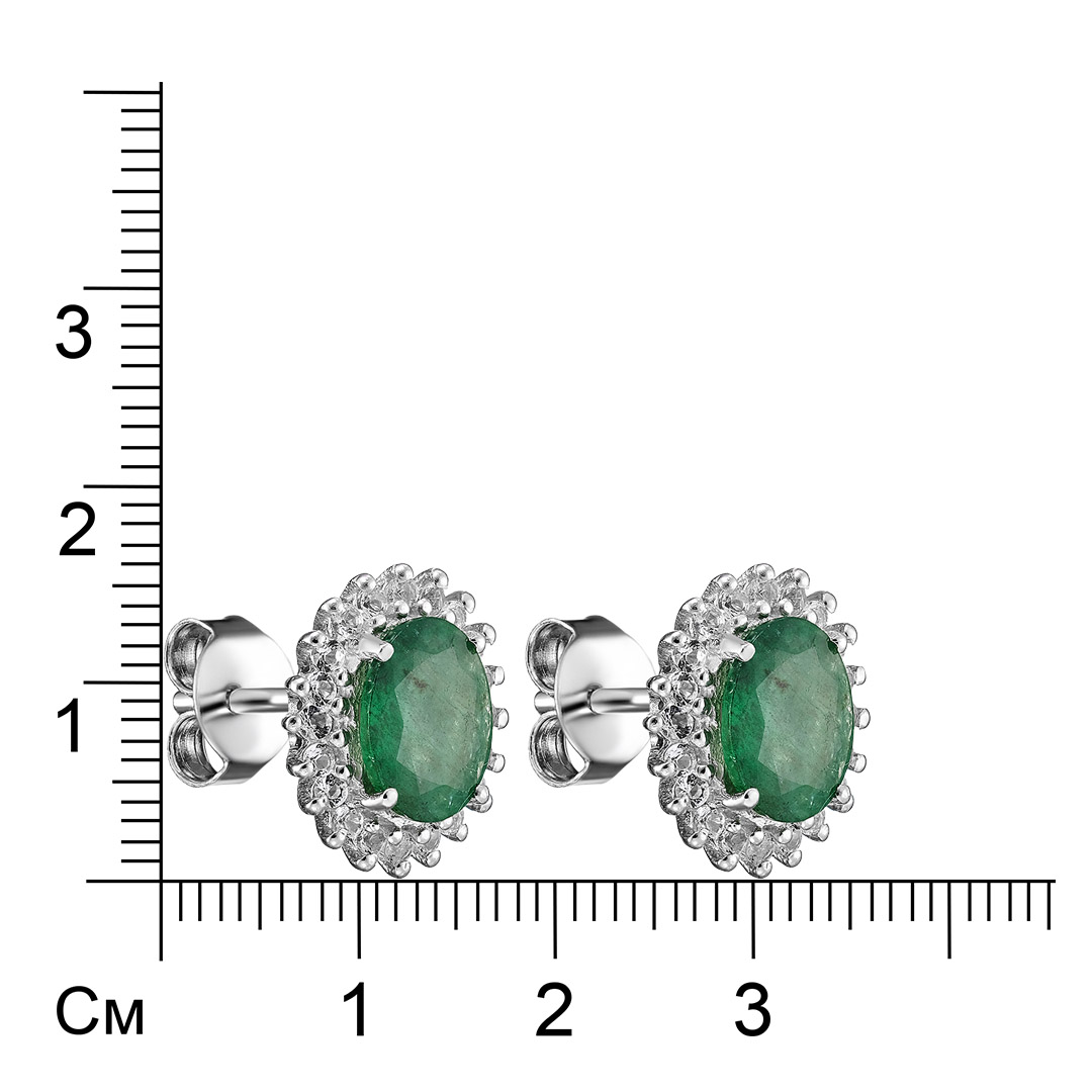 Серебряные серьги-пусеты 925 пробы; вставки 2 Изумруд 3,6ct F 4/Г3; 40 Топаз белый 0,5ct;