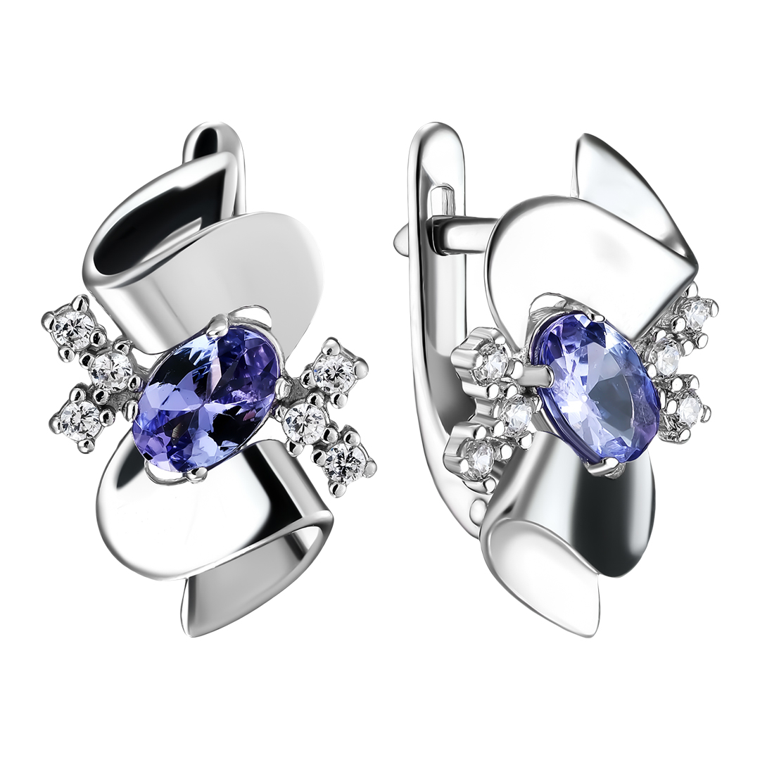 Серебряные серьги 925 пробы; вставки 2 Танзанит; 12 Фианит бесцв.;